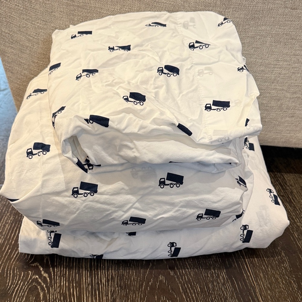 Pottery Barn Kids White Duvet Cover with Navy Truck Pattern